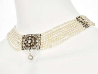 A Collier de Chien with cultured pearls and diamonds