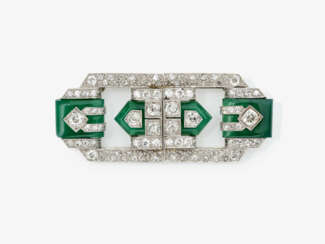 A historical double clip brooch decorated with green agate and old-cut diamonds