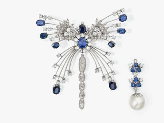 A unique transformable butterfly pendant decorated with brilliant-cut diamonds, sapphires and a South Sea cultured pearl - photo 2