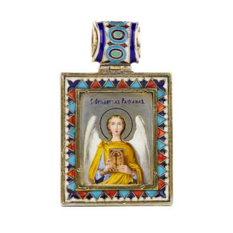 Russian silver icon of the Archangel Raphael painted and cloisonn&eacute; enamels. Late 19th century. Enamel Neo-Russian At the turn of 19th -20th century - photo 1