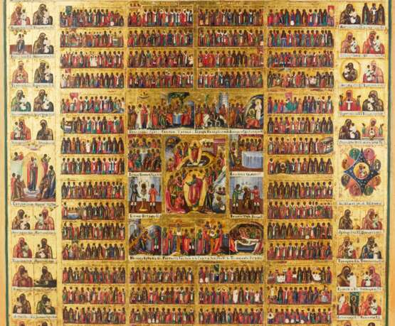 Une magnifique ic&ocirc;ne des F&ecirc;tes avec un menaion annuel et un cycle &agrave; deux rang&eacute;es d`ic&ocirc;nes de Theotokos. Russie.19&egrave;me si&egrave;cle. Wood gesso gilding tempera 19th century - photo 2