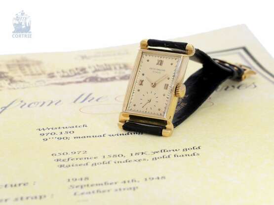 Armbanduhr: extrem rare Patek Philippe Ref. 1580 "Scroll Lugs" von 1948 mit Stammbuchauszug - photo 4