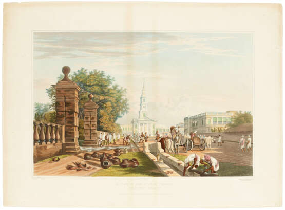 FOUR HAND COLORED AQUATINTS: A View of the Town Hall (1825); A View from the Esplanade Row from Chouringee Road (1824); A View of the Scotch Church from the Gate of Tank Square (1825); A View of the Tank Square from the West (1824) - Foto 4