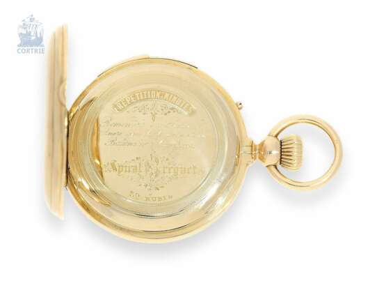 Taschenuhr: frühe und hochfeine Goldsavonnette mit Minutenrepetition, vermutlich Louis Audemars Kaliber, um 1875 - photo 6