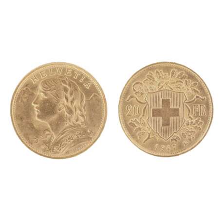 Gold coin 20 Swiss francs. 1947. Gold Mid-20th century - photo 1