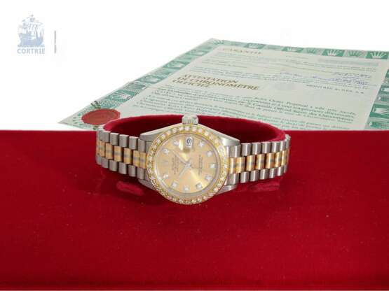 Armbanduhr: hochfeine vintage Luxusuhr, Rolex "Presidential 69179 Lady's" in 18K Tricolour mit Brillantbesatz, Top Zustand mit Box & Papieren von 1988 - фото 1