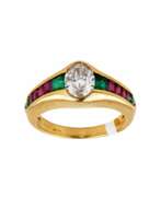 Ruby. Gold ring, 18 carats with diamond, emeralds and rubies. 