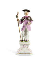 A MEISSEN PORCELAIN FIGURE OF A PILGRIM ON A PEDESTAL