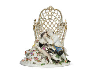 A MEISSEN PORCELAIN ARBOUR GROUP OF LOVERS WITH A PUG