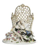 Porcelain. A MEISSEN PORCELAIN ARBOUR GROUP OF LOVERS WITH A PUG