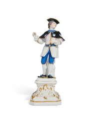 A MEISSEN PORCELAIN FIGURE OF A PILGRIM ON AN INTEGRAL PEDESTAL BASE