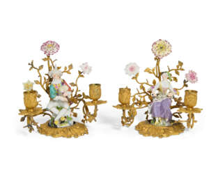 A PAIR OF ORMOLU-MOUNTED MEISSEN PORCELAIN TWO-LIGHT CANDELABRA