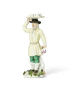 Rokoko. A MEISSEN PORCELAIN FIGURE CARRYING A TRAY OF BEAKERS FROM THE 'RUSSIAN PEASANTS' OR 'ST. PETERSBURG CRIERS' SERIES