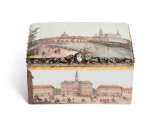 A GOLD, SILVER AND DIAMOND-MOUNTED MEISSEN PORCELAIN ROYAL TOPOGRAPHICAL RECTANGULAR SNUFF-BOX AND COVER