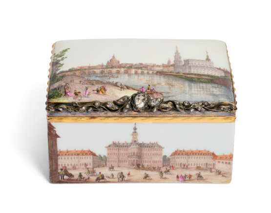 A GOLD, SILVER AND DIAMOND-MOUNTED MEISSEN PORCELAIN ROYAL TOPOGRAPHICAL RECTANGULAR SNUFF-BOX AND COVER - фото 1