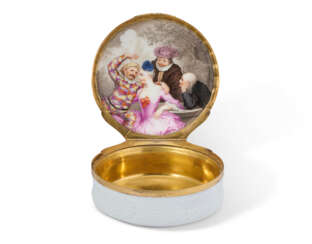 A GILT-METAL-MOUNTED MEISSEN PORCELAIN CIRCULAR SNUFF-BOX AND COVER