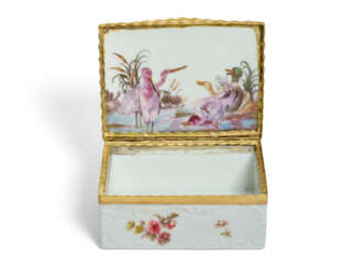 A GILT-METAL-MOUNTED GERMAN PORCELAIN SNUFF-BOX AND COVER