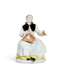 A MEISSEN PORCELAIN FIGURE OF A LACEMAKER KNOWN AS BARBARA UTTMAN AND A FIGURE OF A DUTCH PEASANT