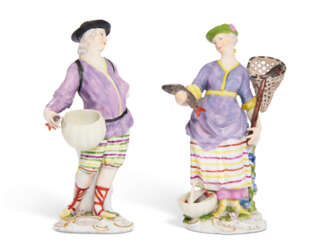 A PAIR OF MEISSEN PORCELAIN FIGURES OF A FISHERMAN AND FISHERWOMAN