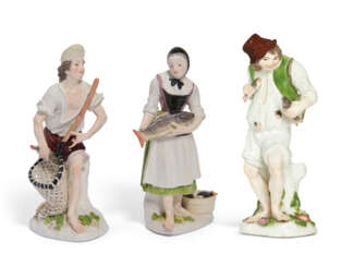 A PAIR OF MEISSEN FIGURES OF A FISHERMAN AND FISHERWOMAN, AND A FIGURE OF A DRUNKEN FISHERMAN