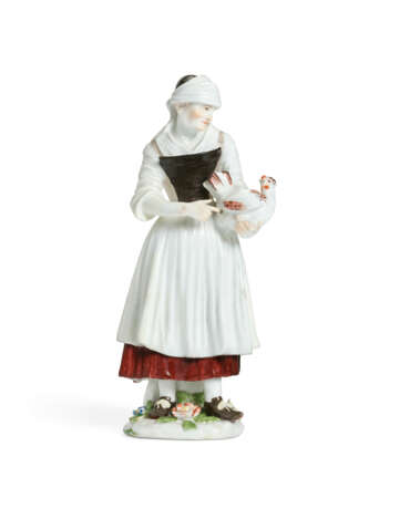 A MEISSEN PORCELAIN FIGURE OF A PEASANT WOMAN WITH A HEN - photo 1