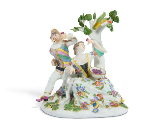 A MEISSEN PORCELAIN GROUP OF HARLEQUIN AND A LADY WITH A PARROT - photo 1