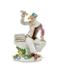 A MEISSEN PORCELAIN FIGURE OF HARLEQUIN WITH LOVEBIRDS