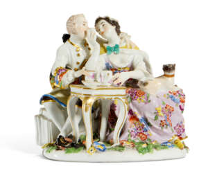 A MEISSEN PORCELAIN GROUP OF FREEMASONS DRINKING HOT-CHOCOLATE (FREIMAURER UND DAME VOM MOPSORDEN AM FRÜHSTÜCKSTISCH)