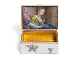 A GOLD-MOUNTED MEISSEN PORCELAIN RECTANGULAR SNUFF-BOX AND COVER