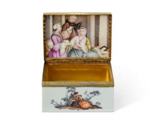 A GILT-METAL-MOUNTED MEISSEN PORCELAIN RECTANGULAR SNUFF-BOX AND COVER