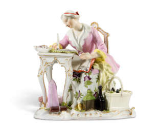 A MEISSEN PORCELAIN FIGURE OF THE GOOD HOUSEWIFE
