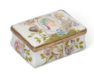 A COPPER-GILT-MOUNTED MEISSEN SNUFF-BOX AND COVER