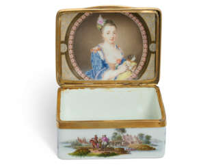 A GILT-METAL-MOUNTED MEISSEN RECTANGULAR SNUFF-BOX AND COVER