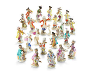 A TWENTY-TWO PIECE MEISSEN PORCELAIN MONKEY BAND AND A MUSIC STAND