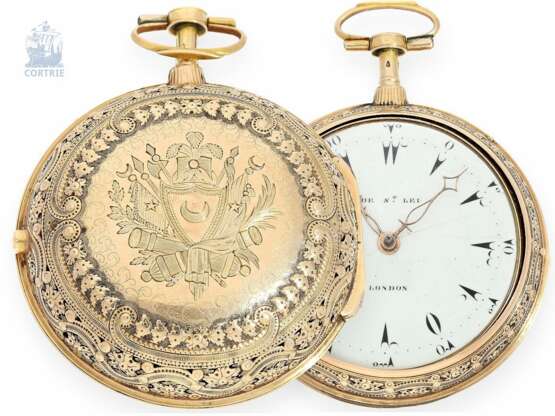 Taschenuhr: bedeutende, feine Doppelgehäuse-Spindeltaschenuhr mit Viertelstundenselbstschlag "Grande Sonnerie" , Daniel de St. Leu, Watchmaker to Her Majesty, London 1794 - photo 1