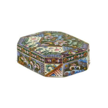 Russian silver snuff box of the Art Nouveau era with enamels 6 Moscow artel. 1908-1917. Silver 84 Cloisonné enamel Gilding Early 20th century - photo 1