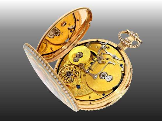 Taschenuhr: bedeutende, museale, große Gold/Emaille-Taschenuhr mit Musikspielwerk und Perlenbesatz, Barraud's, Cornhill, London No. 9124, ca. 1810 - photo 5
