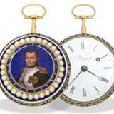 Taschenuhr: einzigartige und sehr kostbare Gold/Emaille-Spindeluhr mit Napoleon-Portrait, vermutlich Präsentuhr Napoleons um 1800/1810 - фото 1