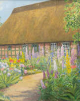 Carl Emil Uphoff (Witten/Ruhr 1885 - Worpswede 1971). Brünjeshof mit Blumenbeet - Paulas Atelier.
