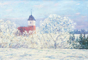 Walter Bertelsmann (Bremen 1877 - Worpswede 1963). Worpsweder Kirche im Schnee.