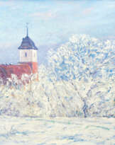 Walter Bertelsmann (Bremen 1877 - Worpswede 1963). Worpsweder Kirche im Schnee.