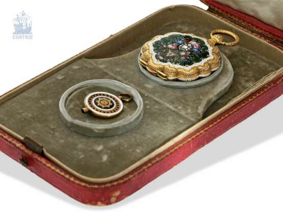 Taschenuhr: museale Gold/Emaille-Taschenuhr mit Diamantbesatz, Originalbox, C. Loup, Schweiz für den osmanischen Markt, um 1860 - Foto 4