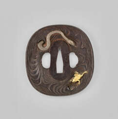 A SOFT-METAL-INLAID TSUBA WITH SNAKE AND FROG