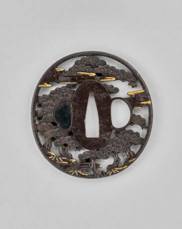 A GOLD-INLAID TSUBA WITH PINE TREES - photo 2