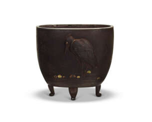 A SOFT-METAL-INLAID IRON INCENSE BURNER OF EGRET