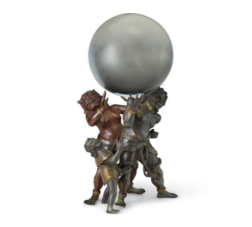 A METAL SCULPTURE OF THREE ONI (DEMON) CARRYING A CRYSTAL BALL - фото 1