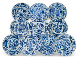 A GROUP OF TEN BLUE AND WHITE DISHES