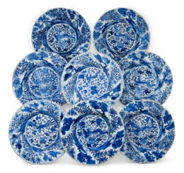 A GROUP OF EIGHT BLUE AND WHITE MOLDED AND LOBED DISHES