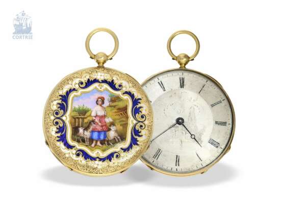 Taschenuhr: exquisite, super flache Gold/Emaille-Taschenuhr Vacheron Geneve, um 1835, eine der frühesten Uhren der Firma No.686 - фото 1