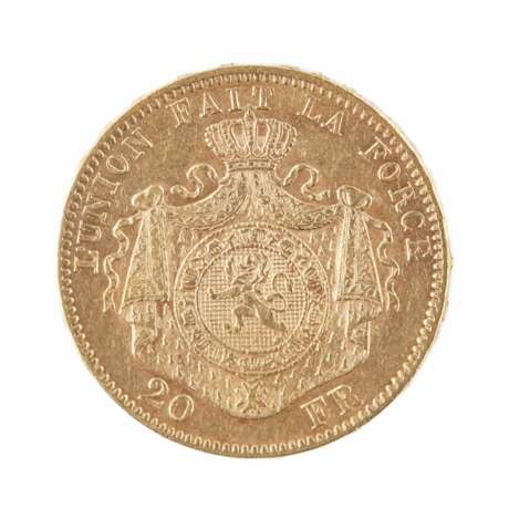 Pi&egrave;ce d`or de 20 francs Leopold II Roi de Belgique. 1874 Or 19th century - photo 3